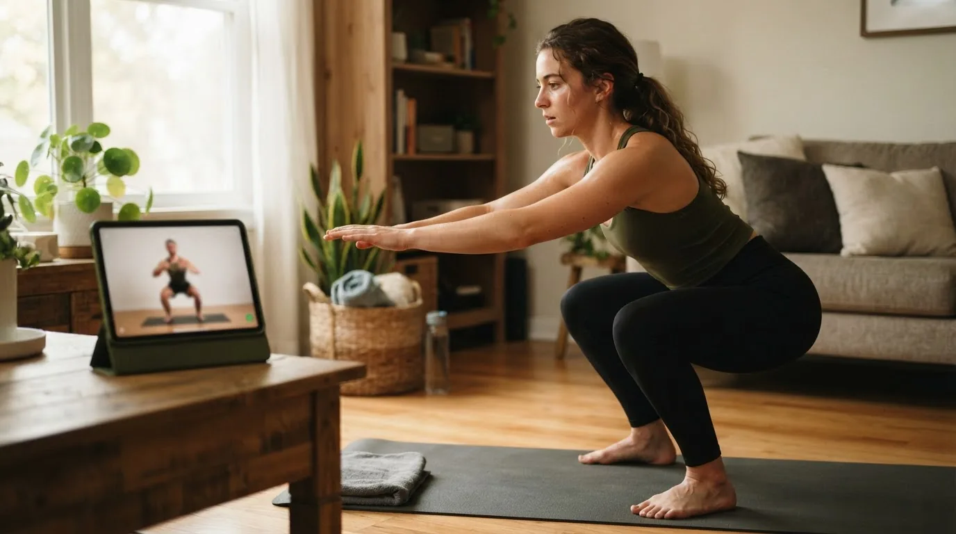 Person watching a calisthenics tutorial video on a tablet while mimicking a demonstrated movement