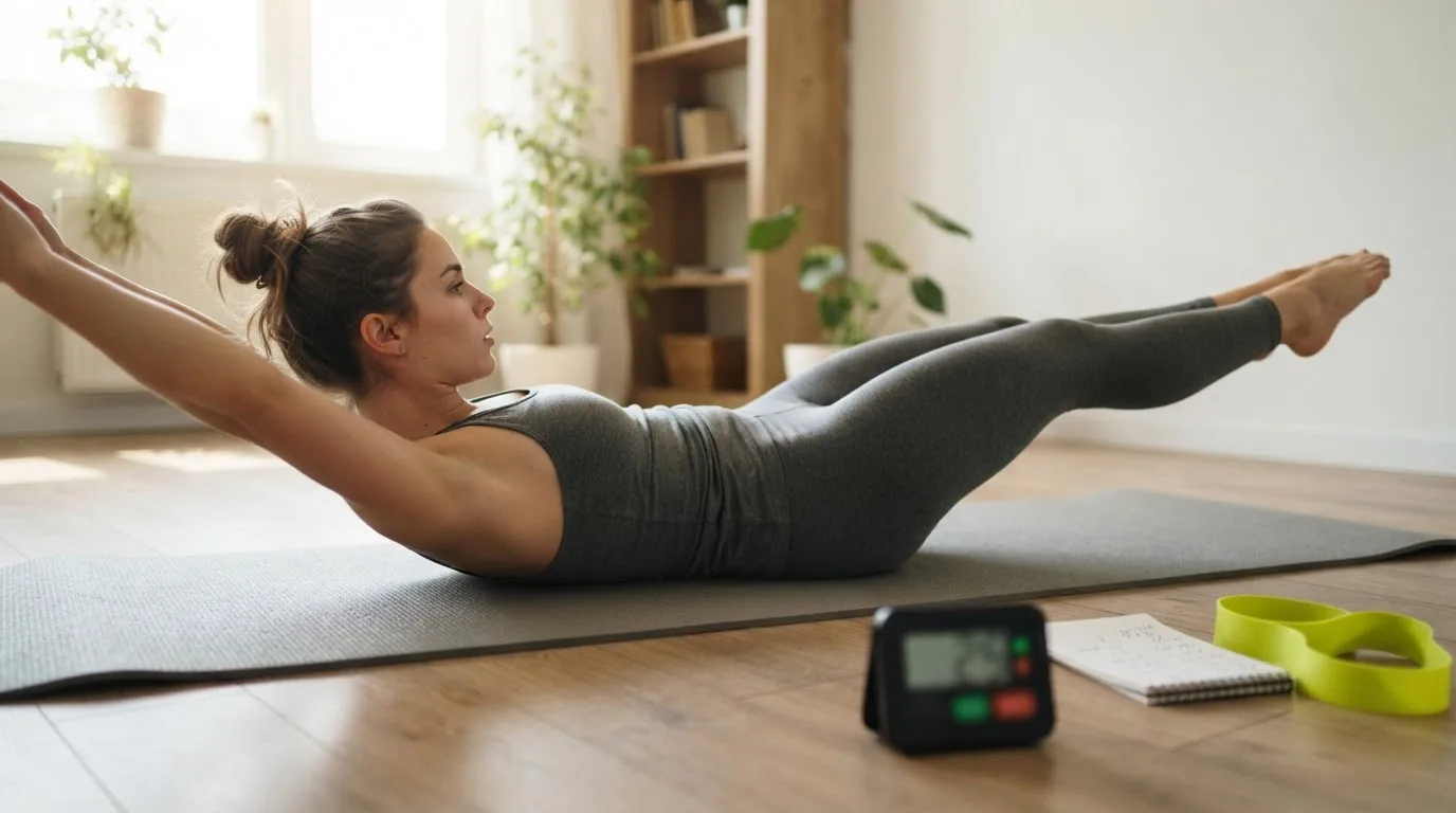 Beginner timing practice: person doing short hollow holds with a visible timer device nearby