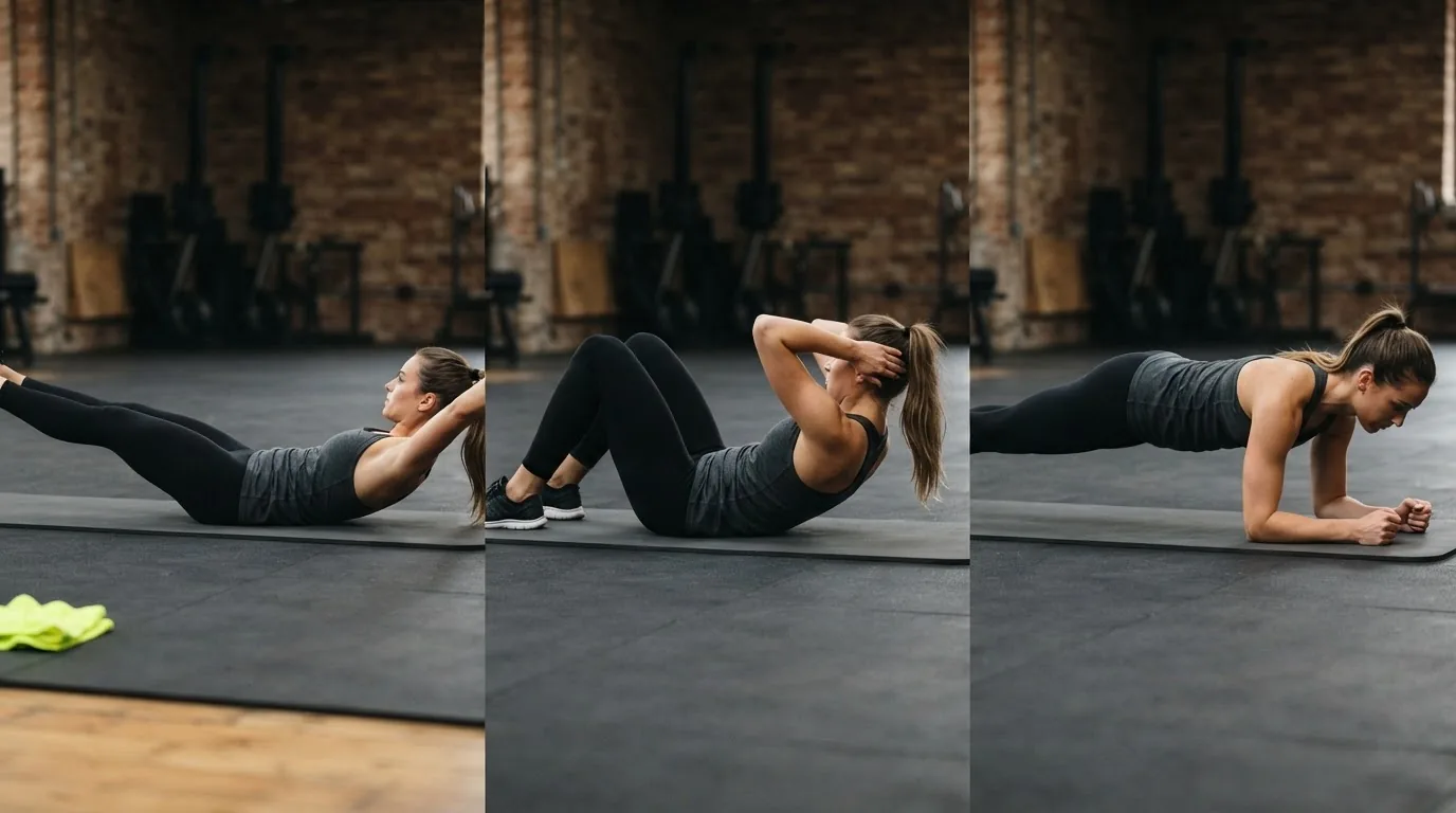 Side-by-side comparison: hollow hold vs crunch vs plank, showing distinct positions