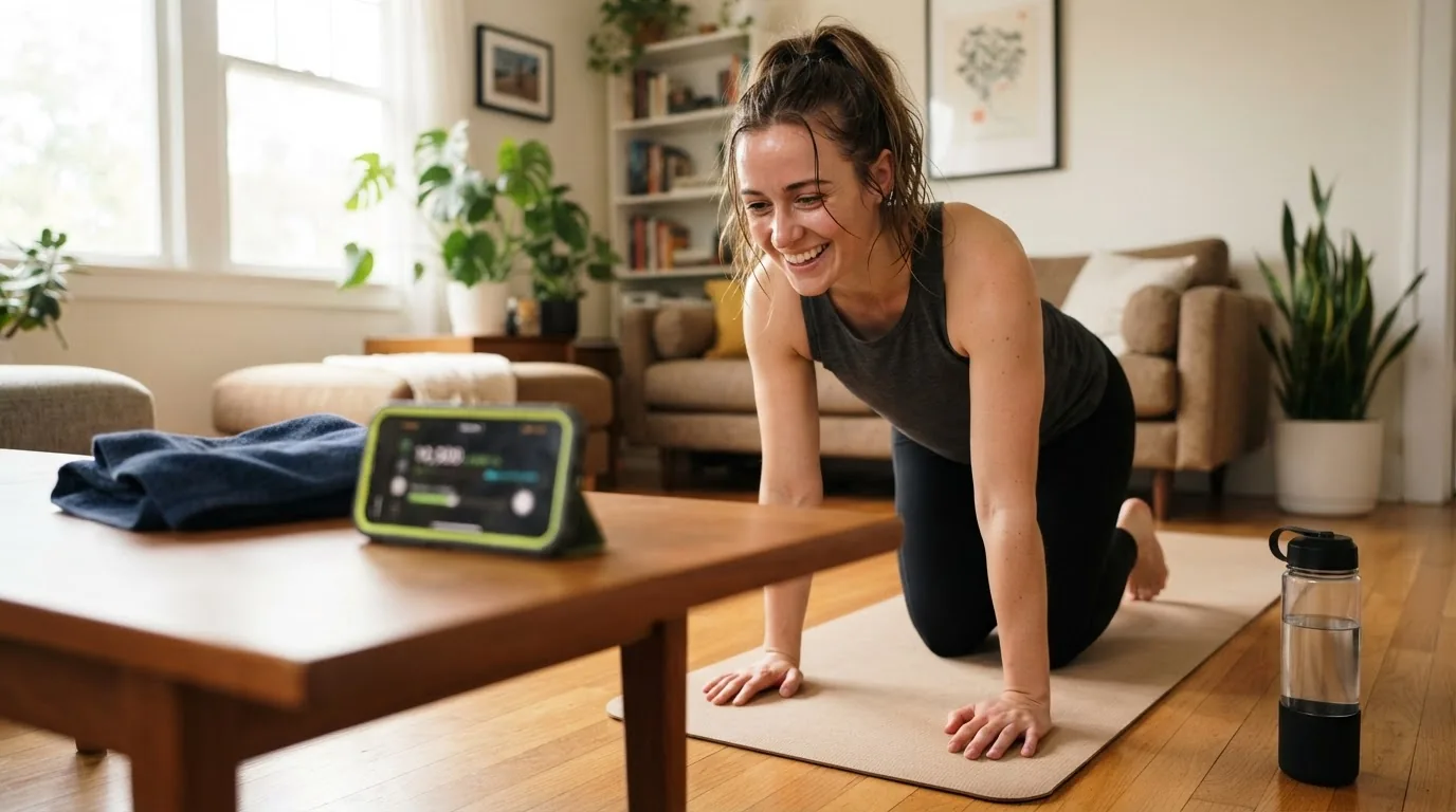 Beginner following a simple at-home pike pushup routine with phone nearby