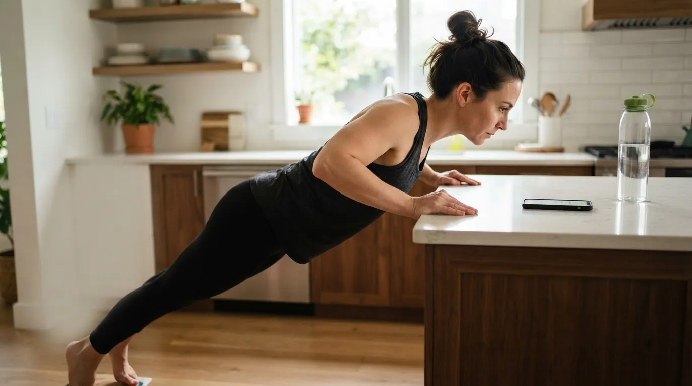 Person performing an assisted push-up variation while a phone timer runs