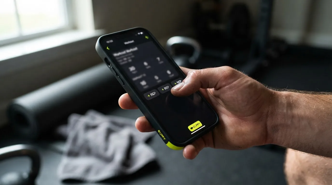 Close-up of hand logging reps on iPhone after completing a set
