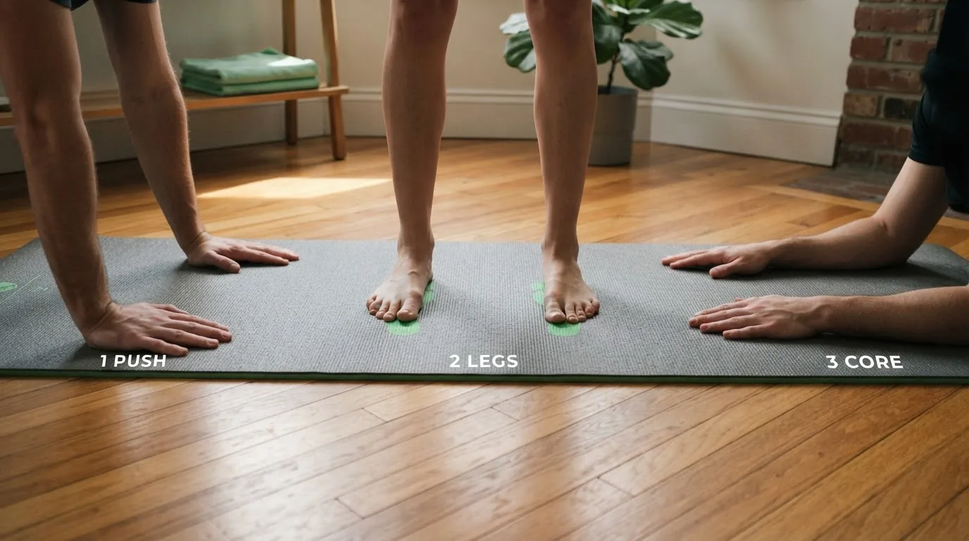 Three-exercise home workout setup: push, squat, core arranged on a mat